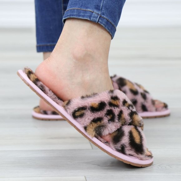 Cross Strap Leopard Blush Pink Puff Fuzzy  Fluffy Slip On Plush Slippers - Picture 7 of 13